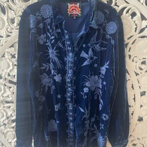 Johnny Was Blue Velvet Button-Up Shirt